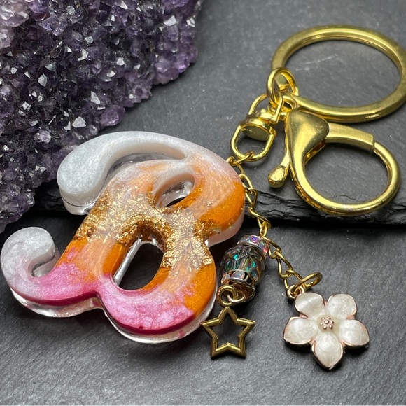 Custom Orange, Pink and Gold Letter “B” Keychain Accessory - Picture 6 of 6